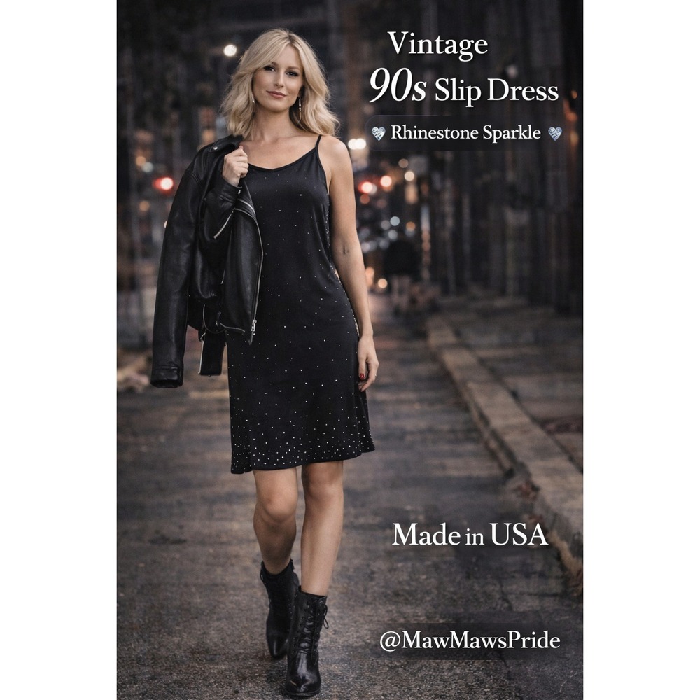 Vintage 90s Byer Too California Black Rhinestone Slip Dress Made in USA Size L